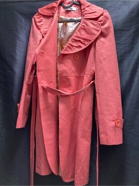 Bella Pink Belted Trench Coat Ruffle Collar Size XL